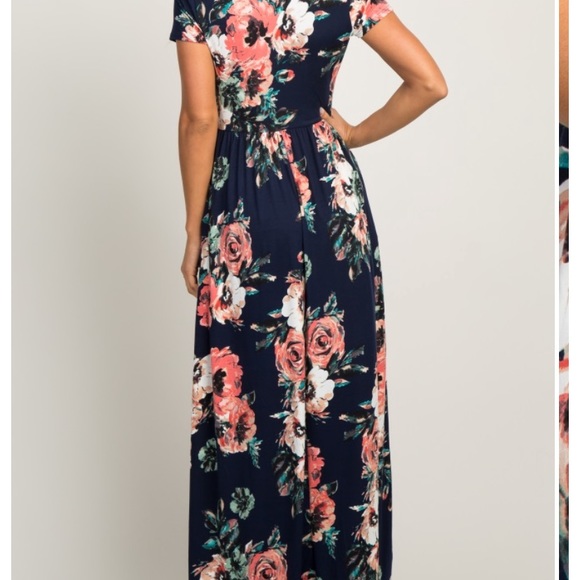 Navy Blue Floral Short Sleeve Maxi Dress - Picture 5 of 6